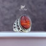 انگشتر نقره مردانه عقیق خطی سرخ دو رنگ حکاکی علی